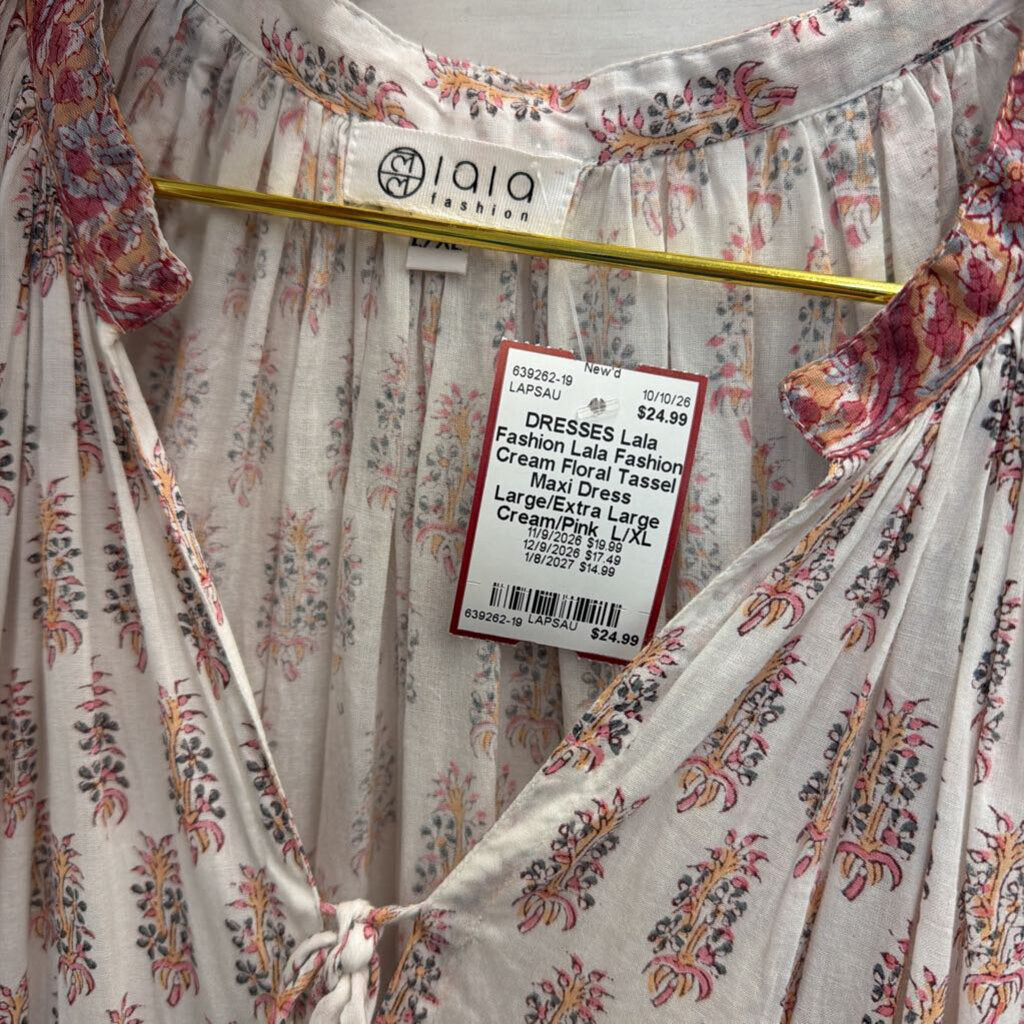Lala Fashion Cream Floral Tassel Maxi Dress Large/Extra Large