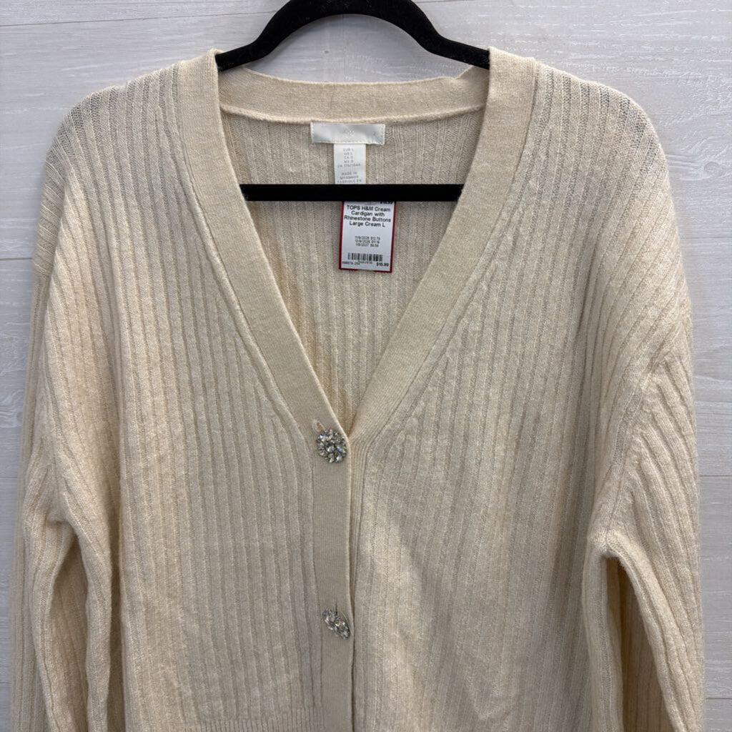 Cream Cardigan with Rhinestone Buttons Large