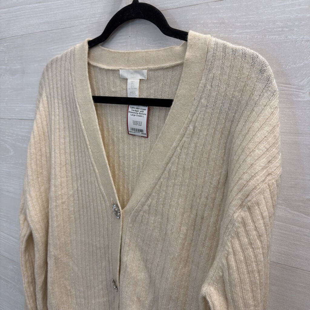 Cream Cardigan with Rhinestone Buttons Large