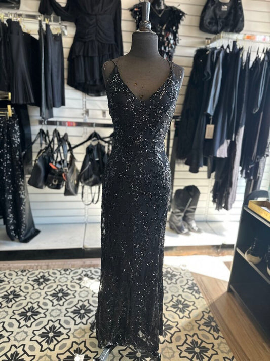 Windsor Black Sequin Print Long Formal Dress Small