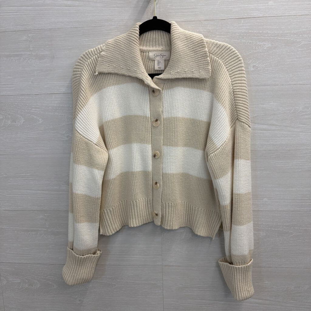 White/Beige Striped Collared Cropped Sweater Large