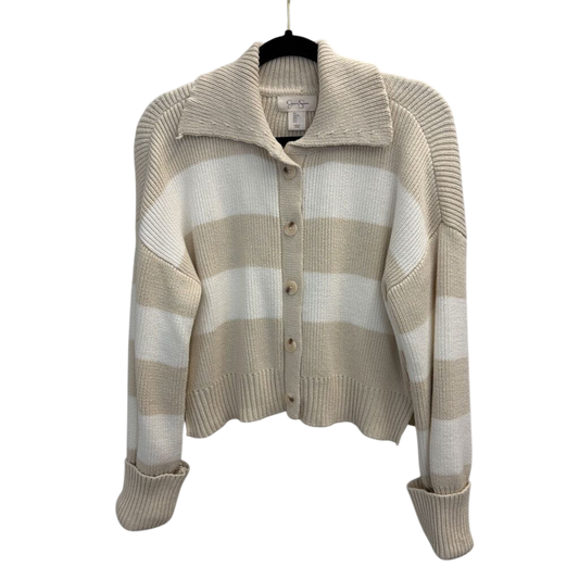 White/Beige Striped Collared Cropped Sweater Large