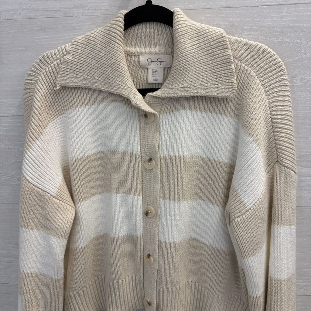 White/Beige Striped Collared Cropped Sweater Large