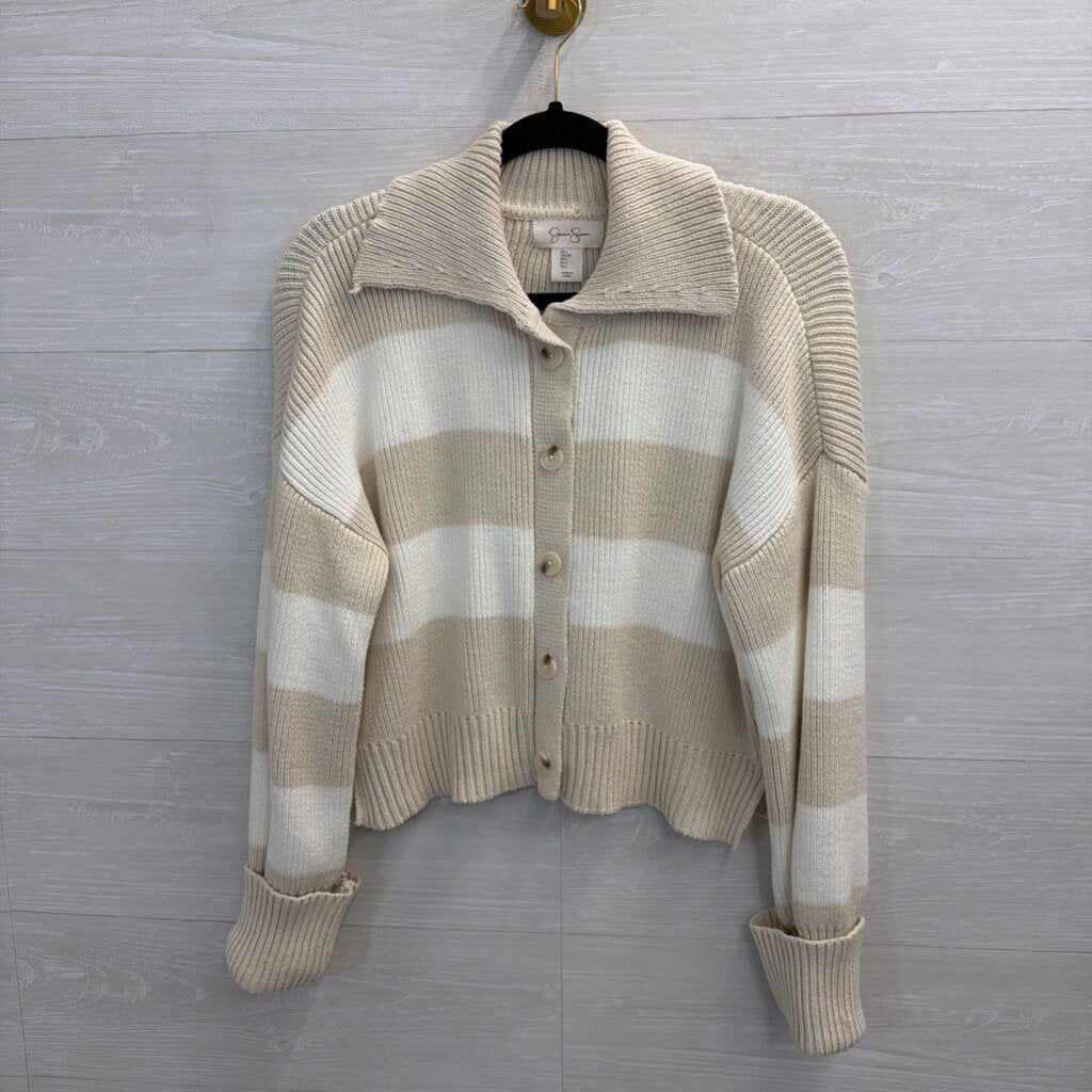 White/Beige Striped Collared Cropped Sweater Large