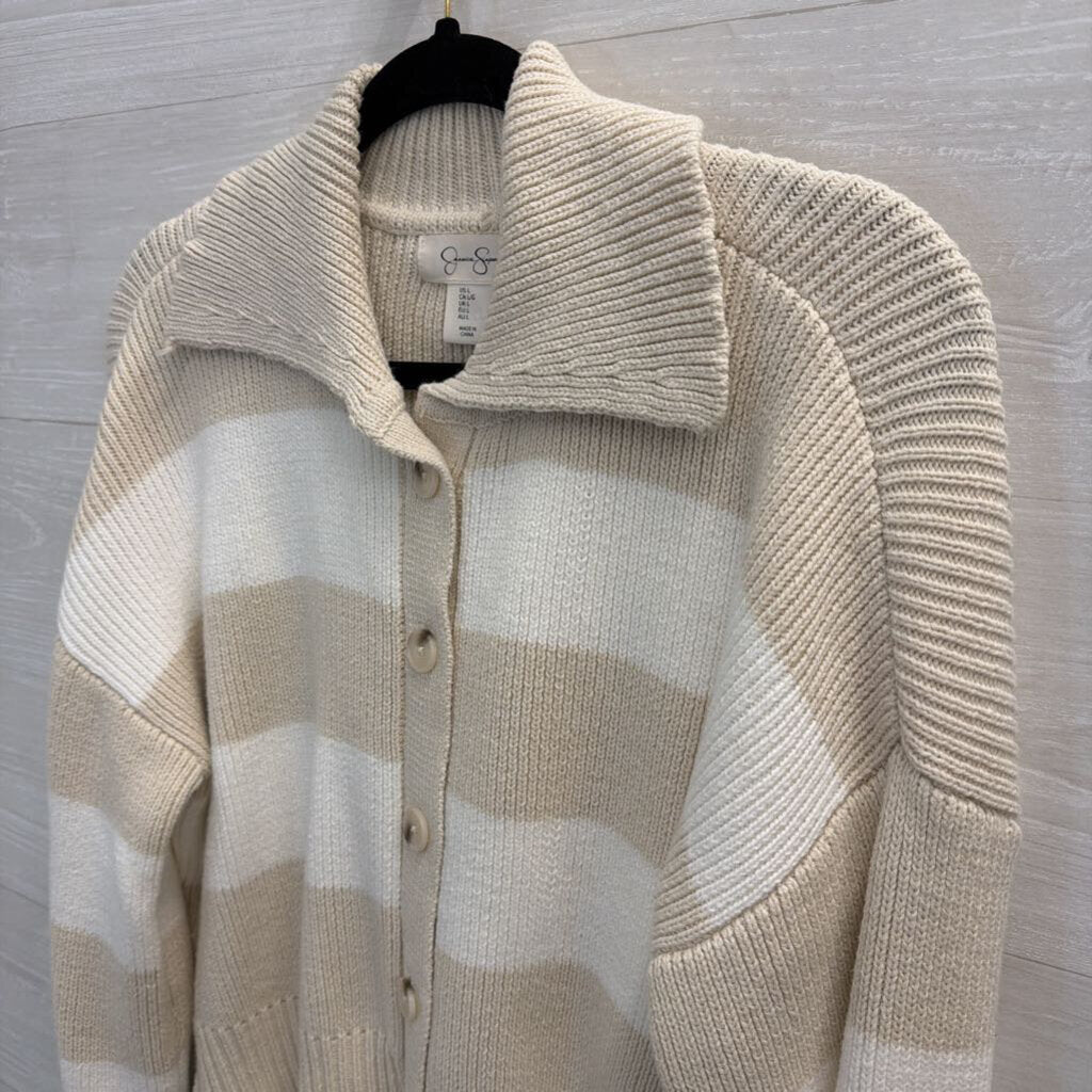 White/Beige Striped Collared Cropped Sweater Large