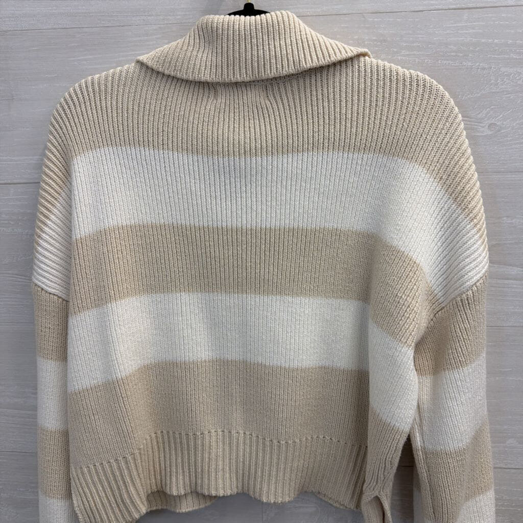 White/Beige Striped Collared Cropped Sweater Large