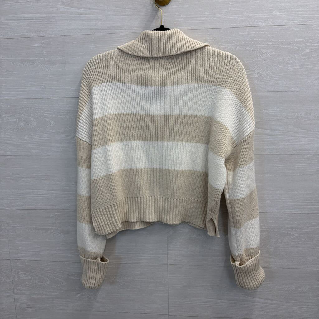 White/Beige Striped Collared Cropped Sweater Large