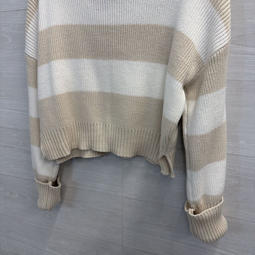 White/Beige Striped Collared Cropped Sweater Large