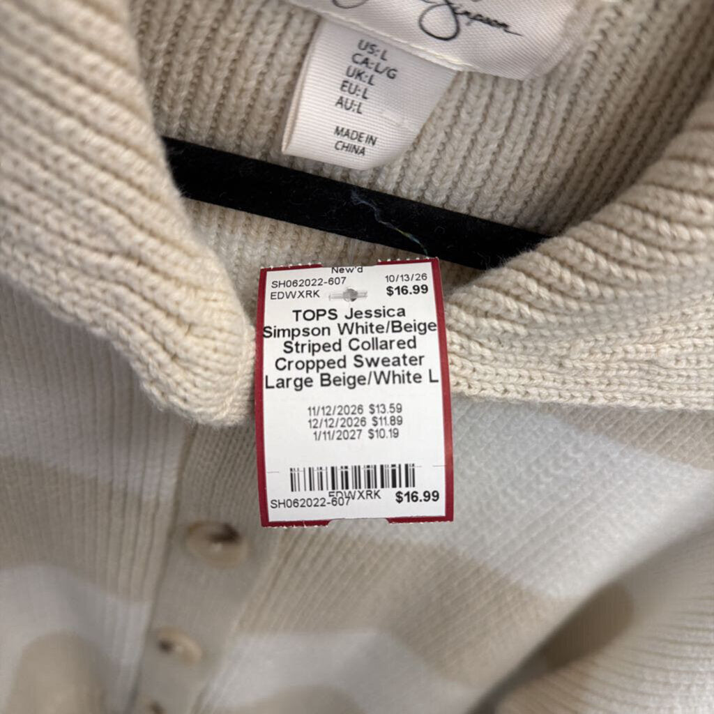 White/Beige Striped Collared Cropped Sweater Large