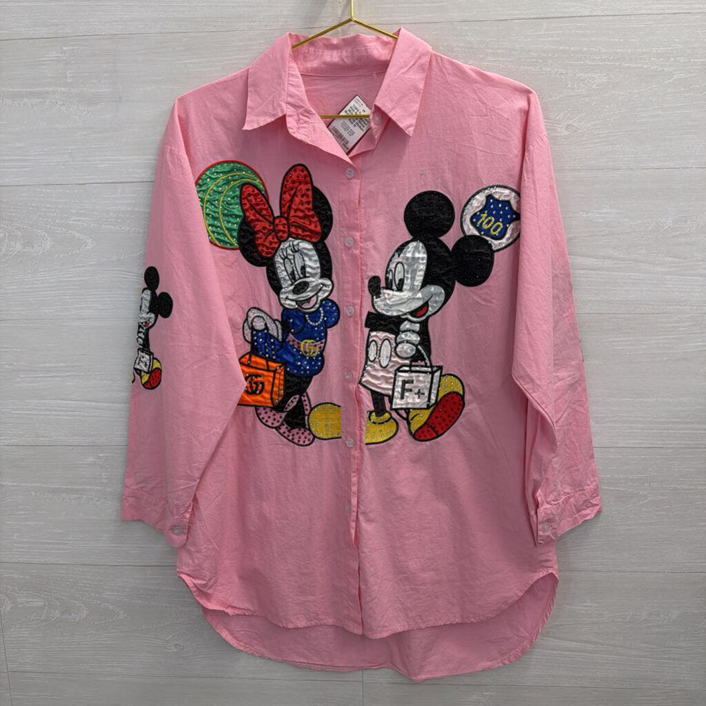 Pink Embellished Mickey & Minnie Button Up Medium