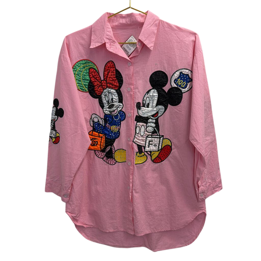 Pink Embellished Mickey & Minnie Button Up Medium