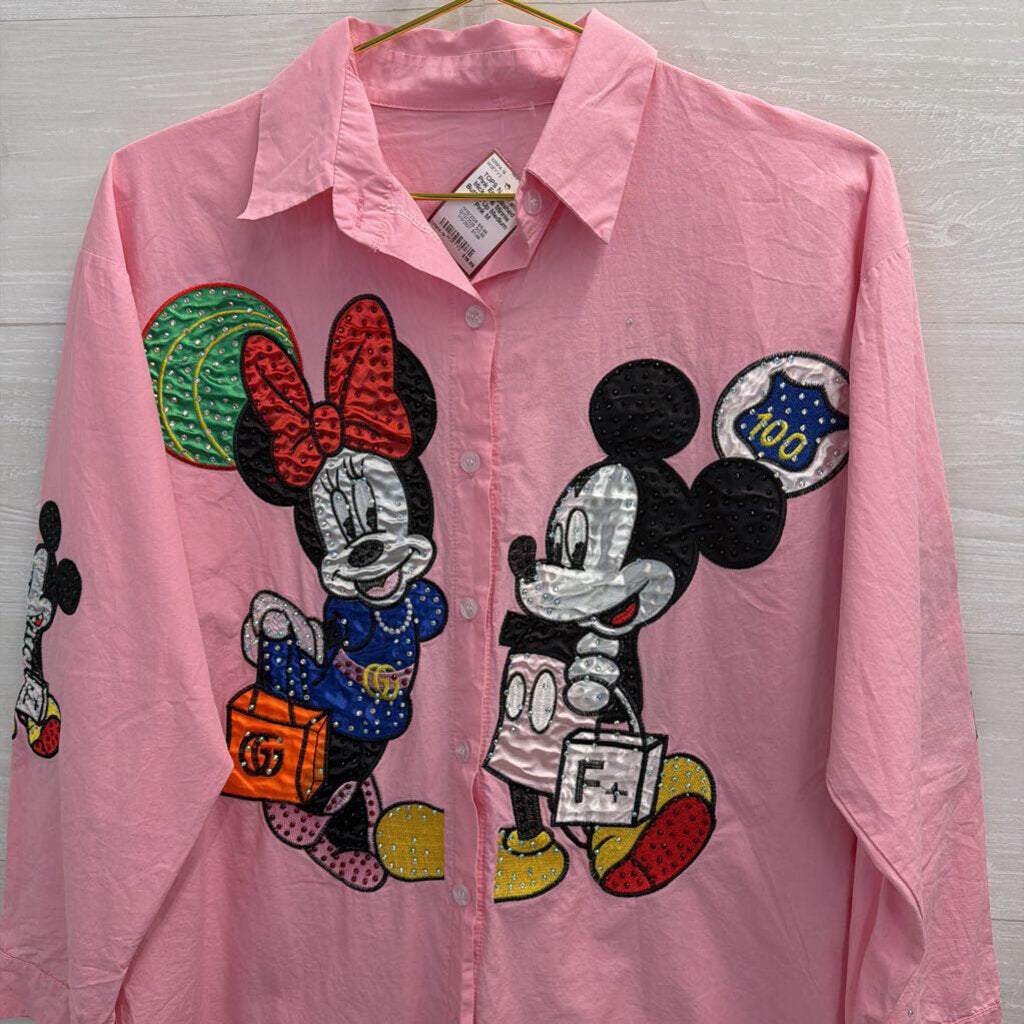 Pink Embellished Mickey & Minnie Button Up Medium