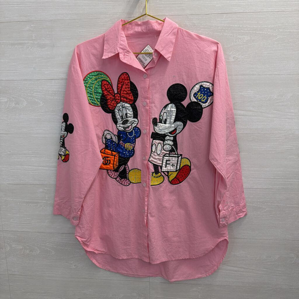 Pink Embellished Mickey & Minnie Button Up Medium