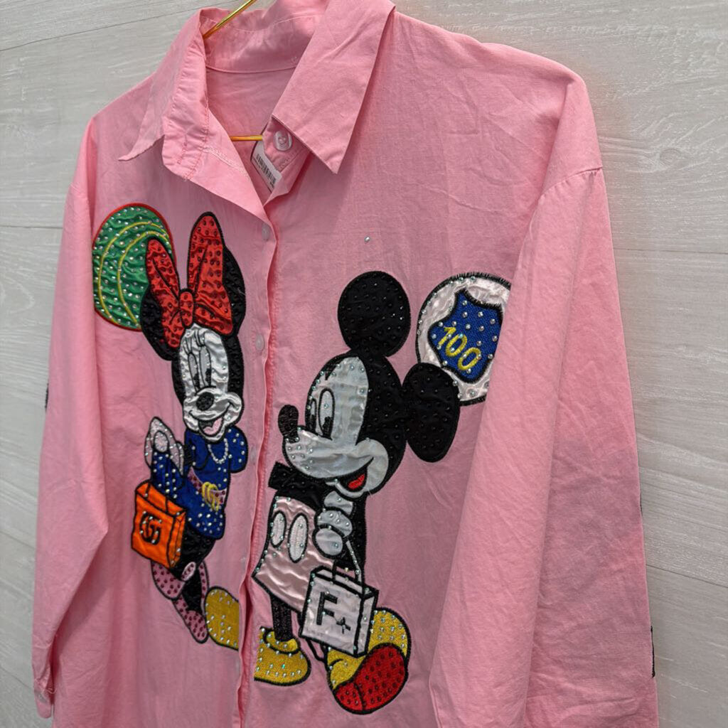 Pink Embellished Mickey & Minnie Button Up Medium