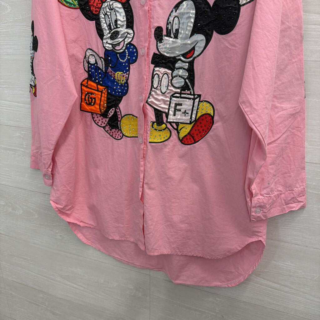 Pink Embellished Mickey & Minnie Button Up Medium