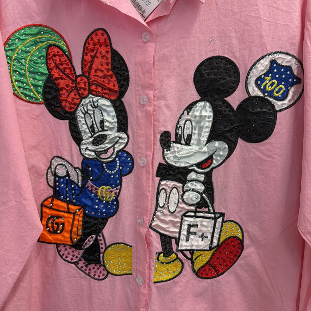 Pink Embellished Mickey & Minnie Button Up Medium