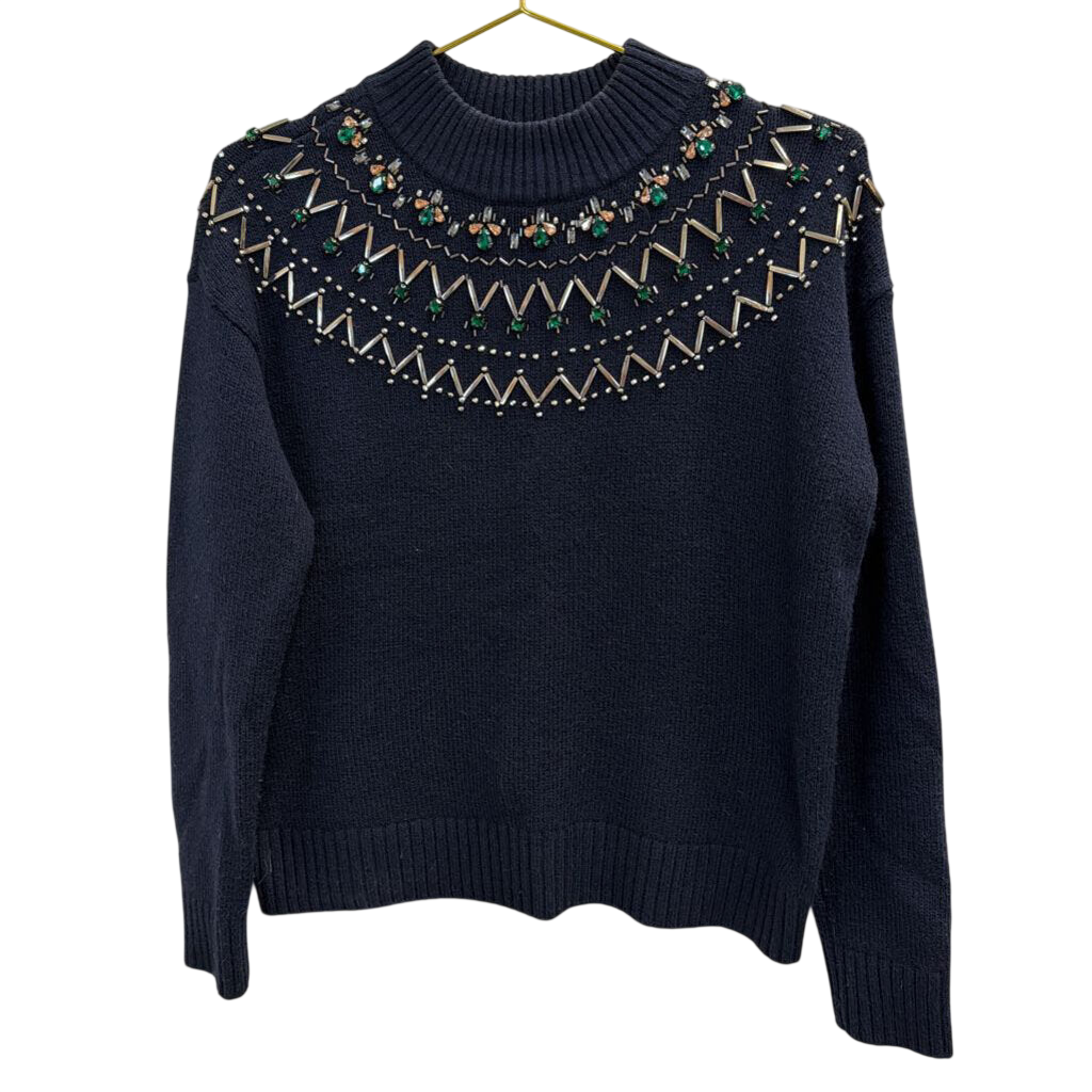 Navy Jeweled Mockneck Sweater Small