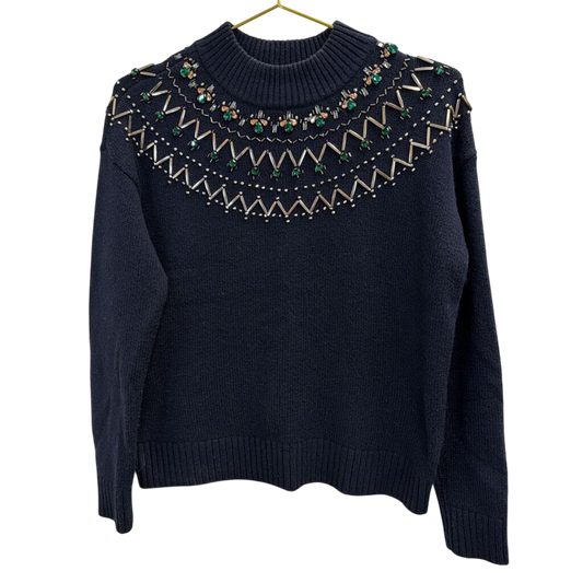 Navy Jeweled Mockneck Sweater Small