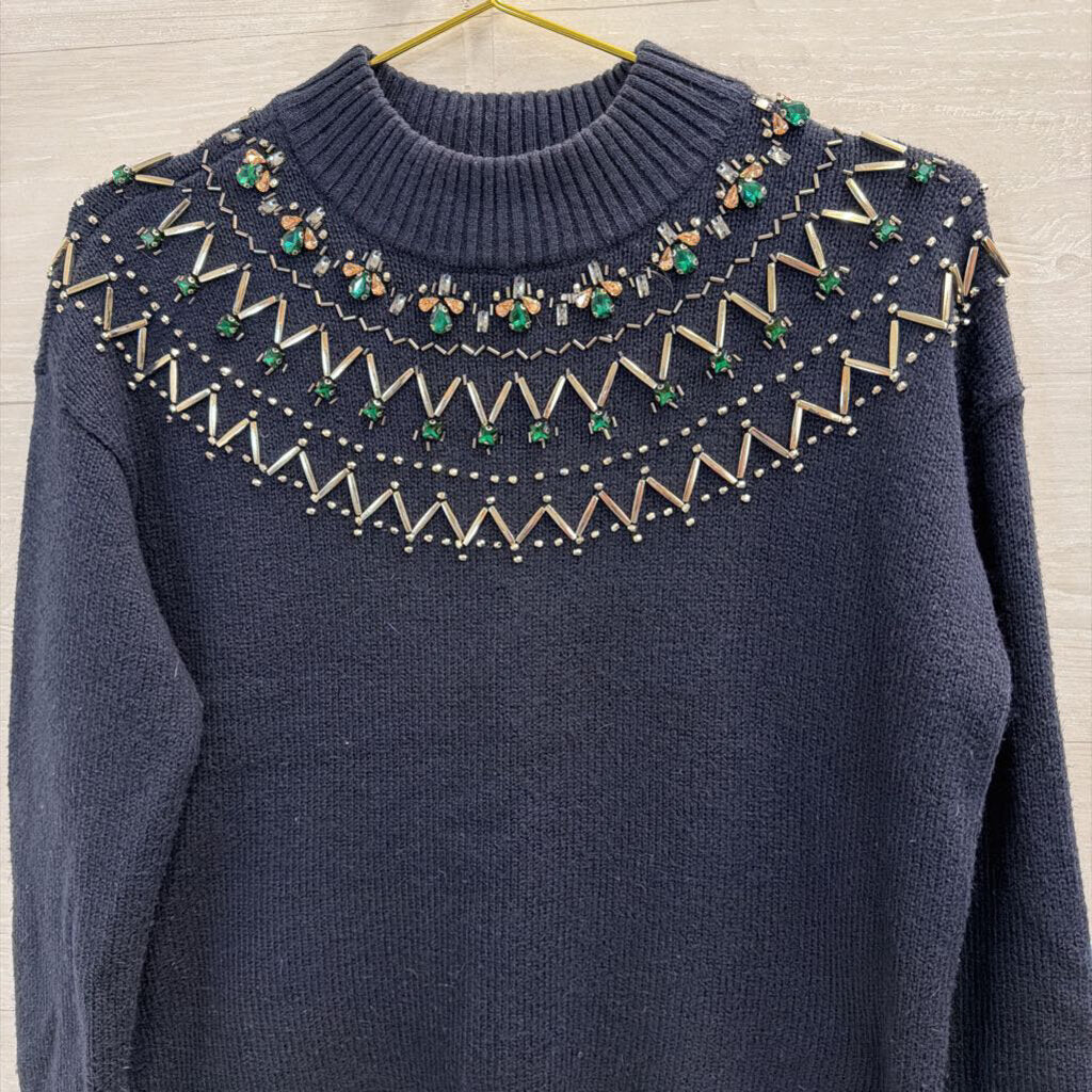 Navy Jeweled Mockneck Sweater Small