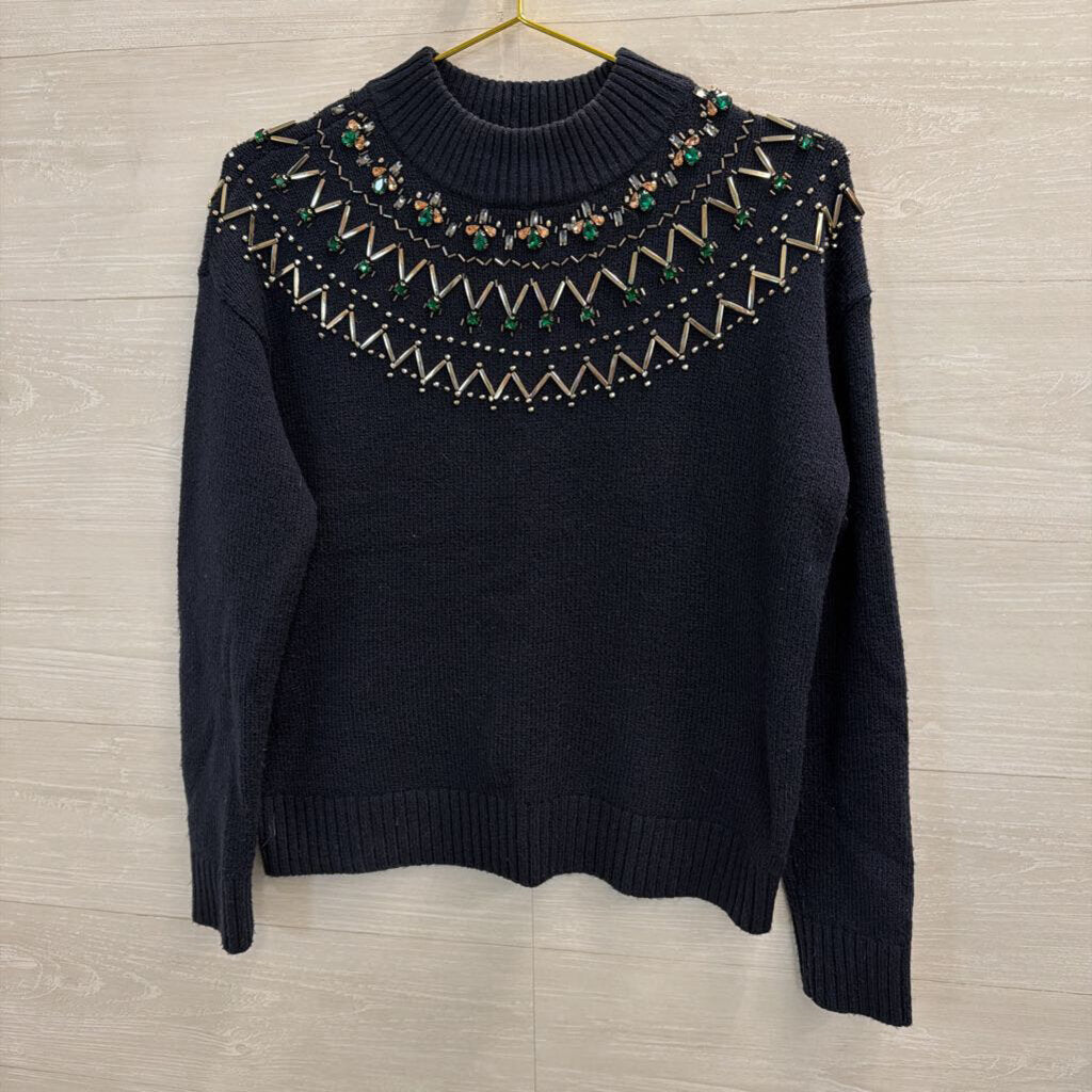 Navy Jeweled Mockneck Sweater Small
