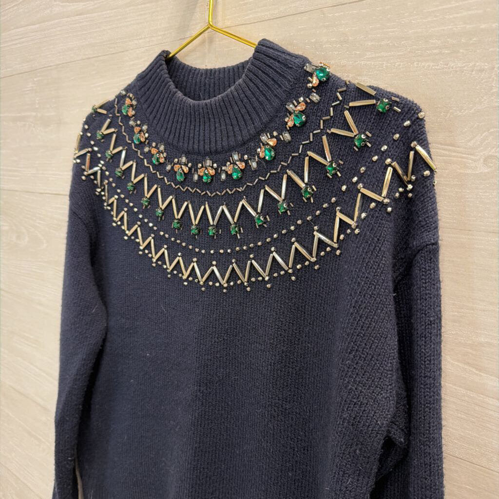 Navy Jeweled Mockneck Sweater Small