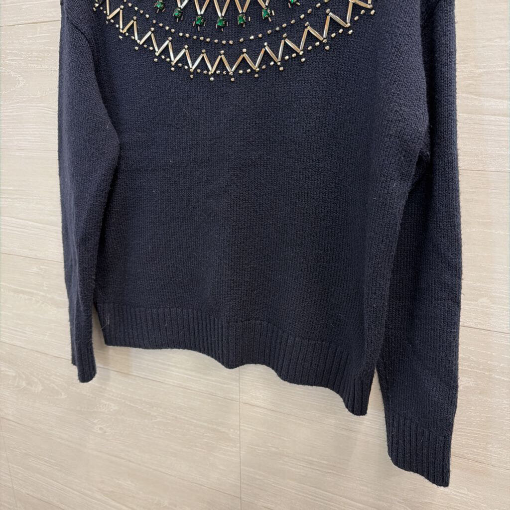 Navy Jeweled Mockneck Sweater Small