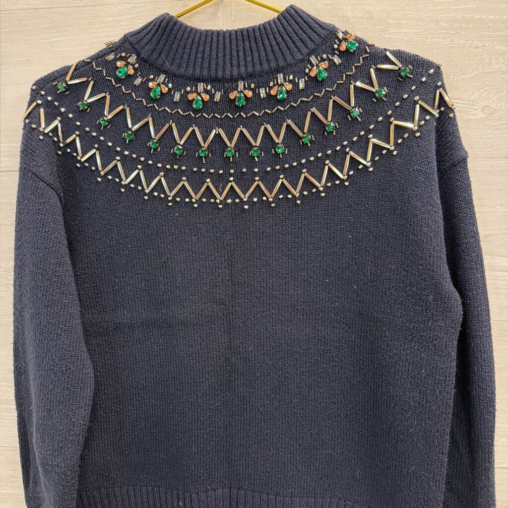 Navy Jeweled Mockneck Sweater Small