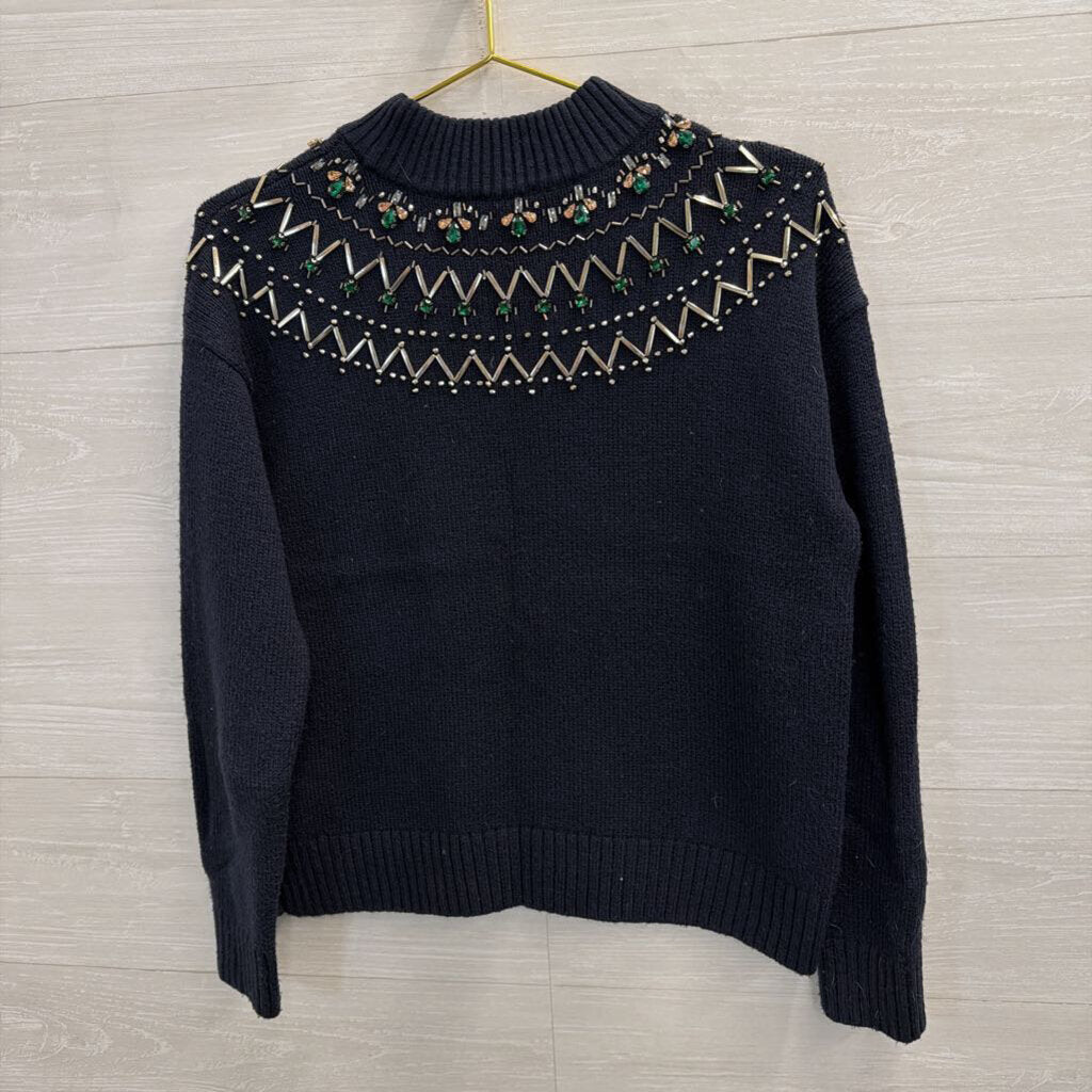Navy Jeweled Mockneck Sweater Small