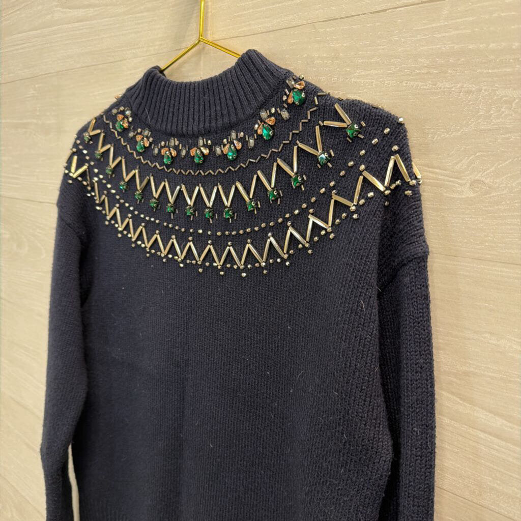 Navy Jeweled Mockneck Sweater Small