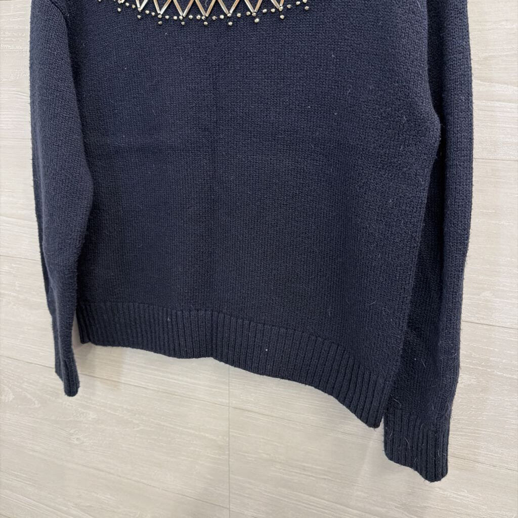 Navy Jeweled Mockneck Sweater Small