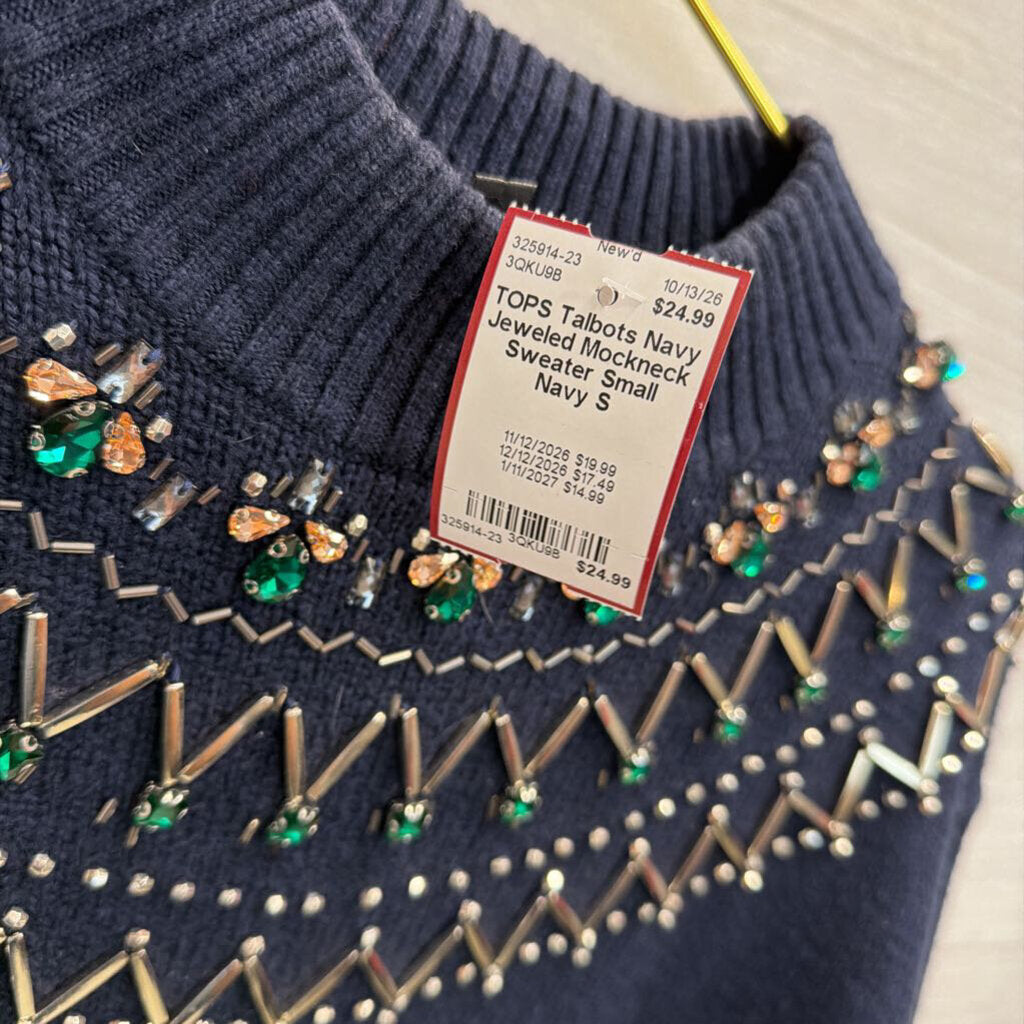 Navy Jeweled Mockneck Sweater Small