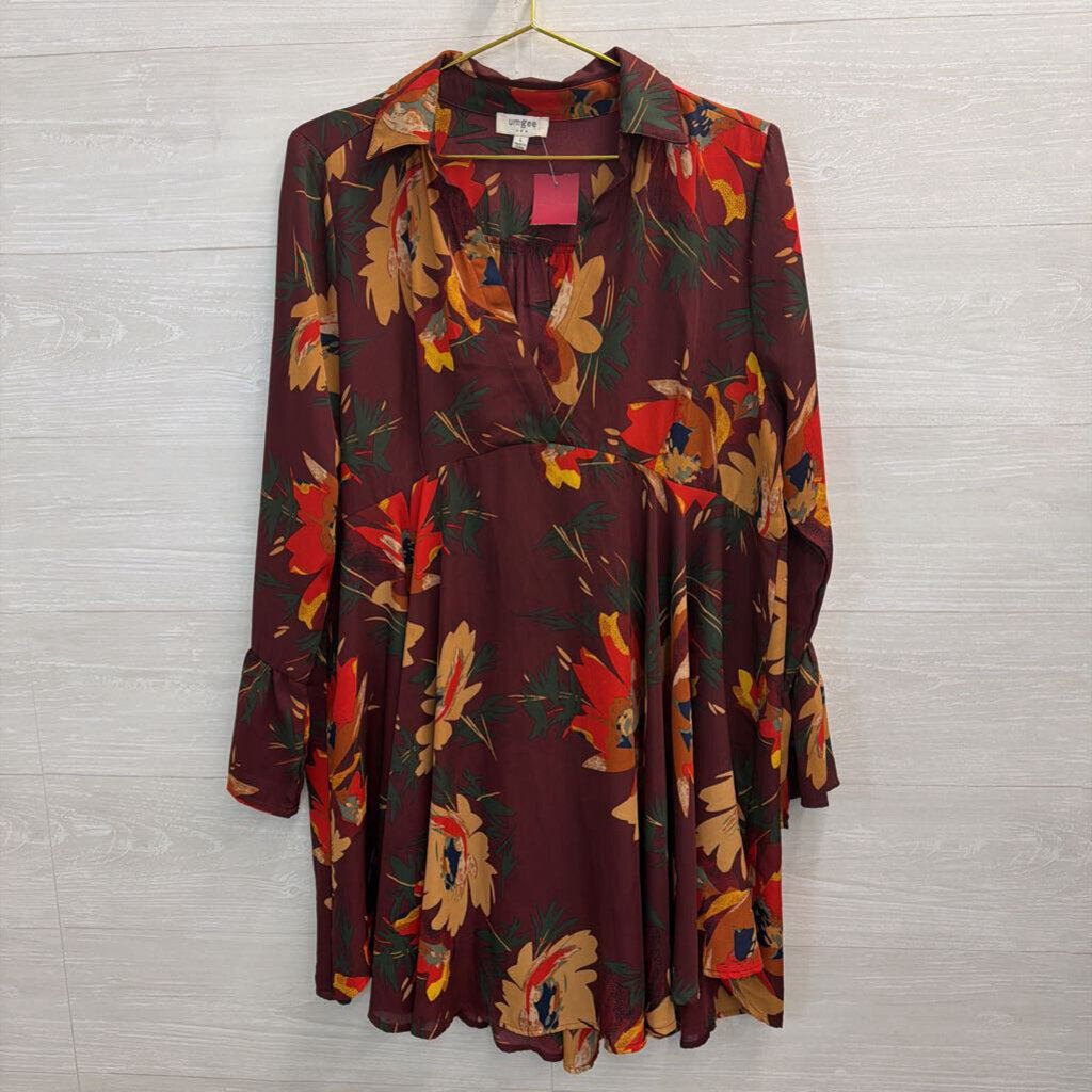 Umgee Burgundy Floral Long Sleeve Dress Large
