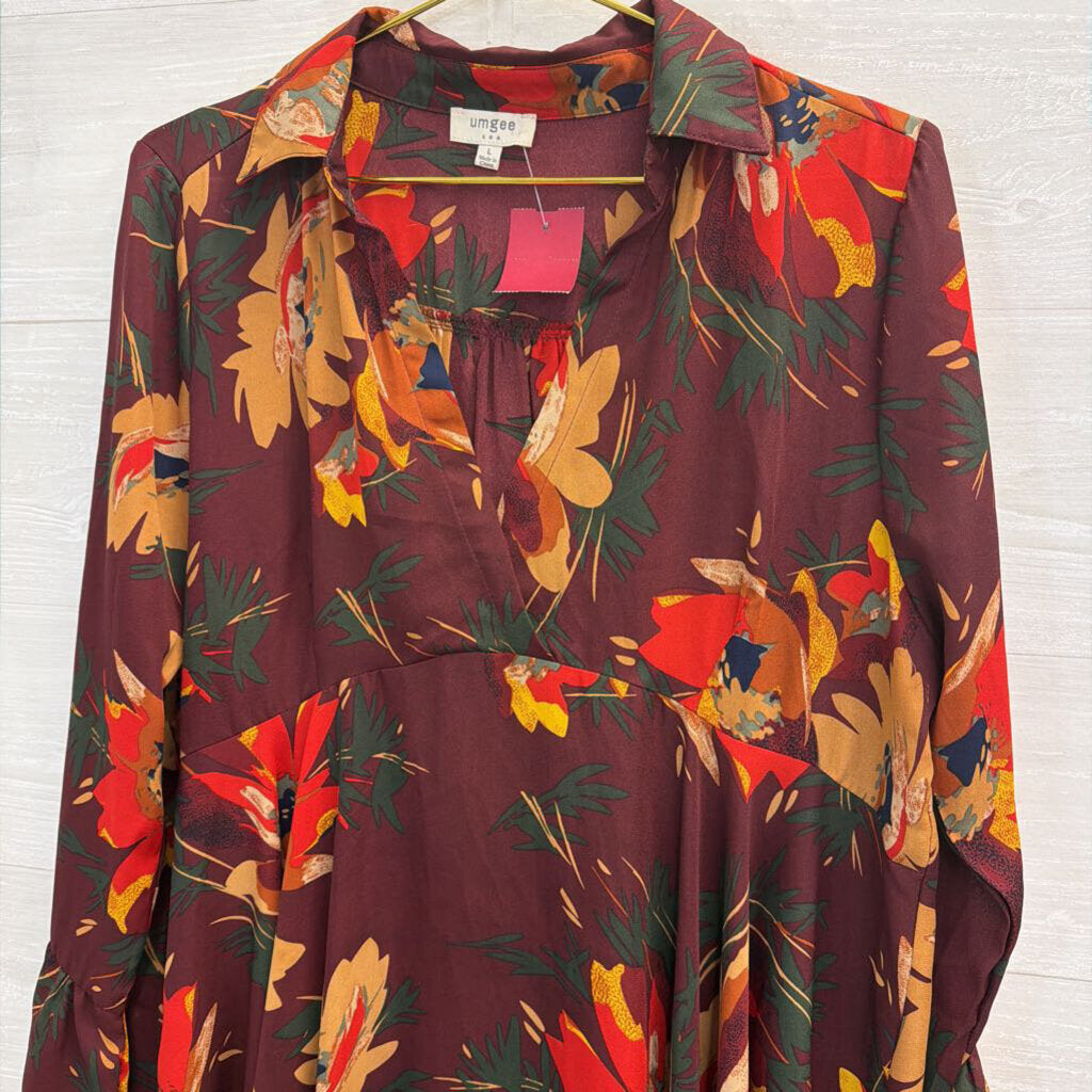Umgee Burgundy Floral Long Sleeve Dress Large