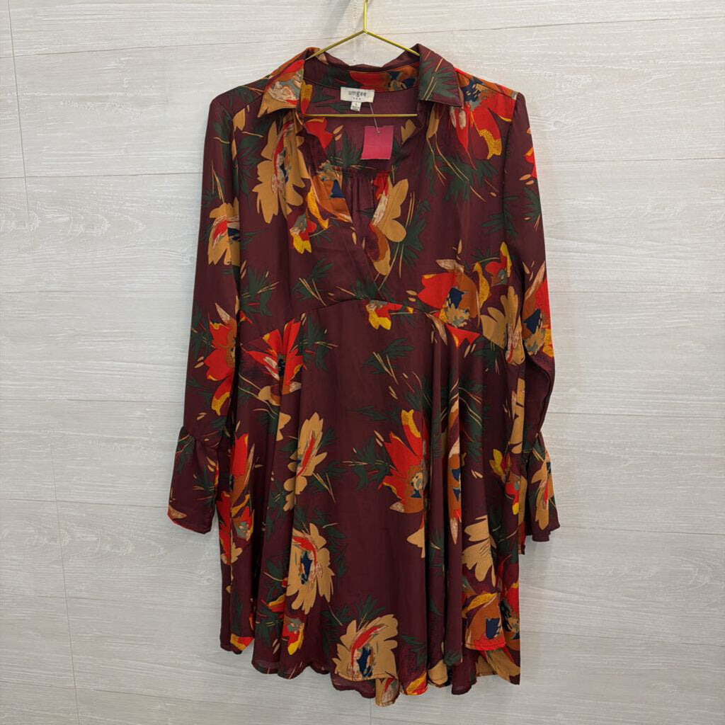 Umgee Burgundy Floral Long Sleeve Dress Large