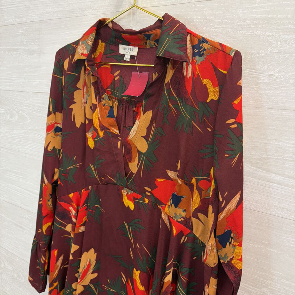 Umgee Burgundy Floral Long Sleeve Dress Large