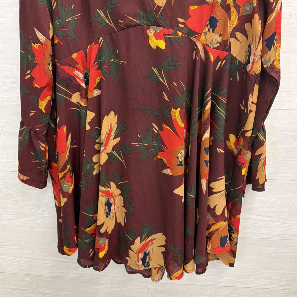 Umgee Burgundy Floral Long Sleeve Dress Large