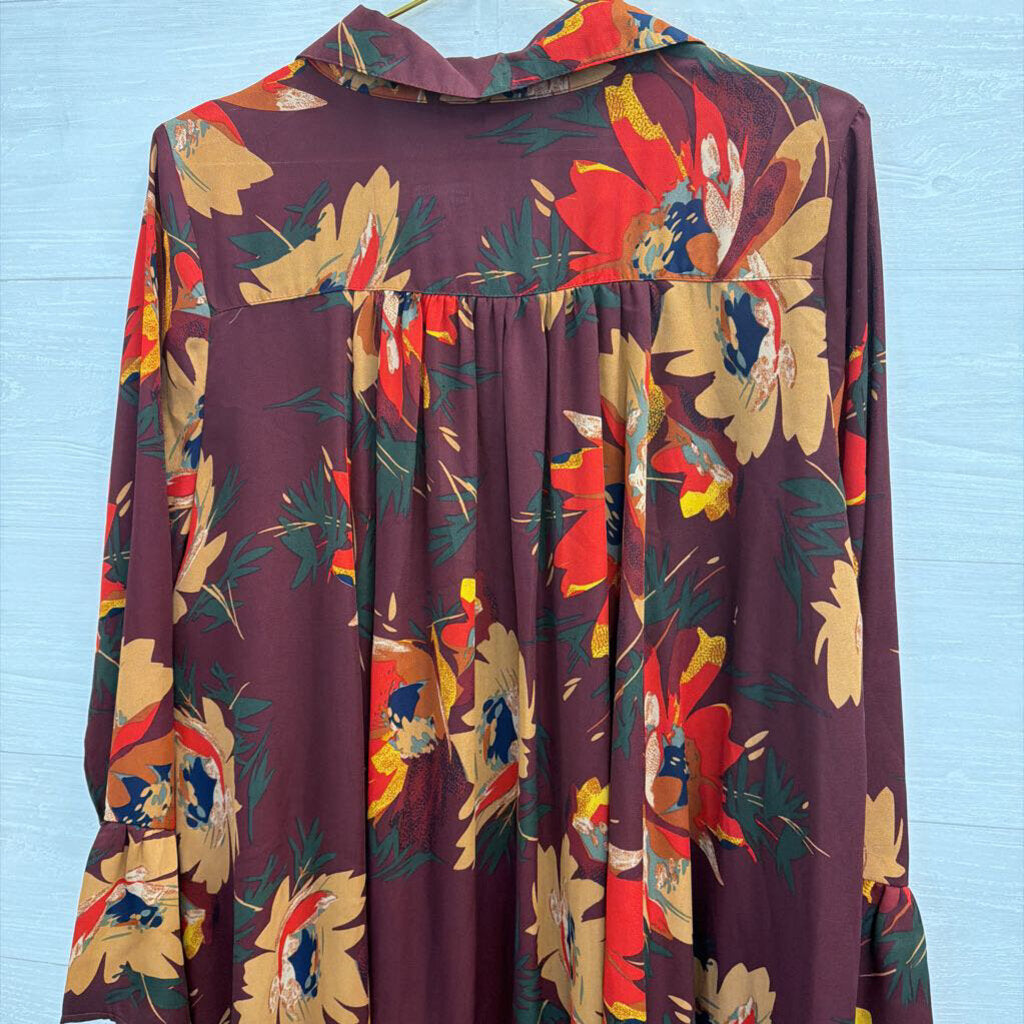 Umgee Burgundy Floral Long Sleeve Dress Large