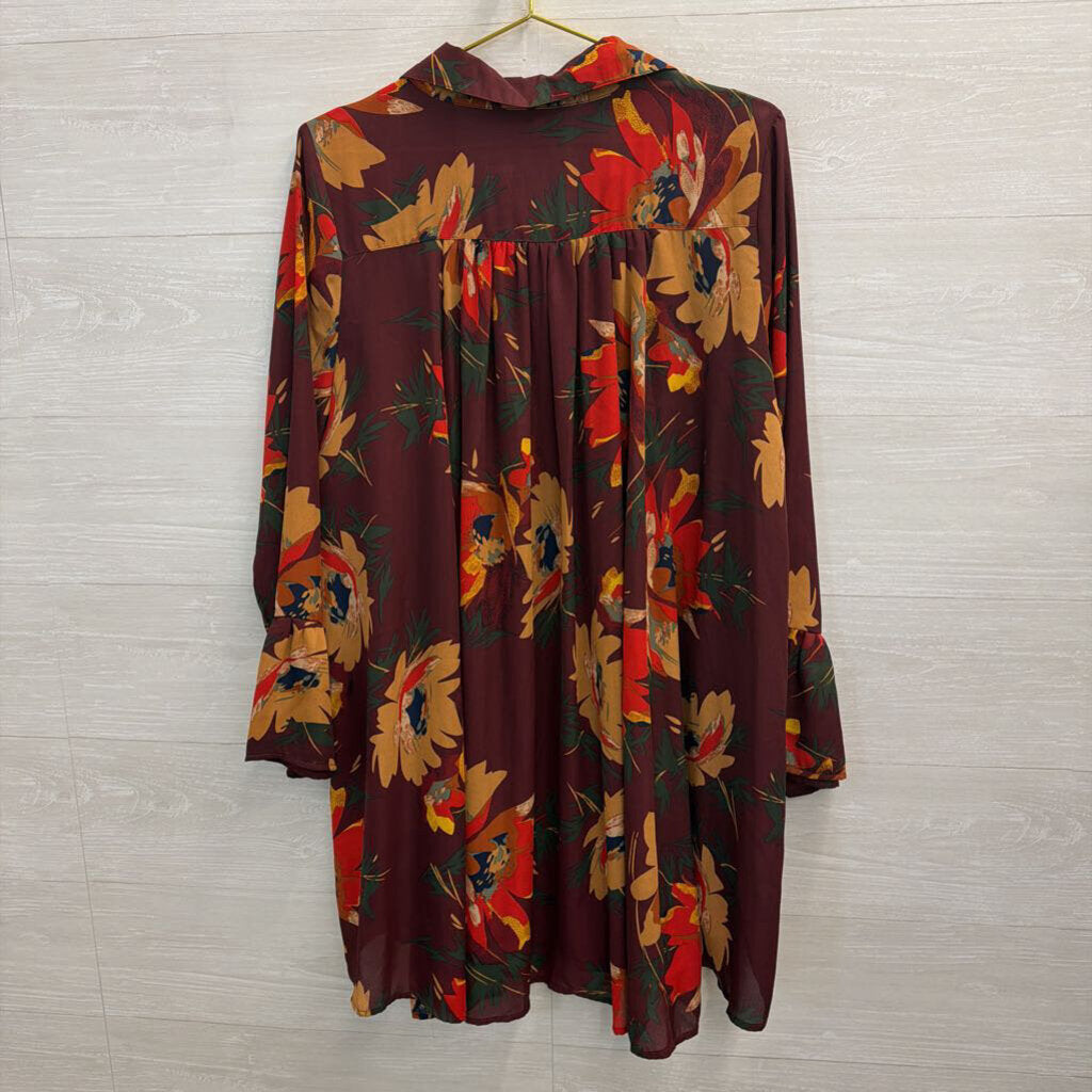 Umgee Burgundy Floral Long Sleeve Dress Large
