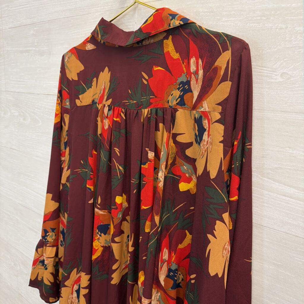 Umgee Burgundy Floral Long Sleeve Dress Large