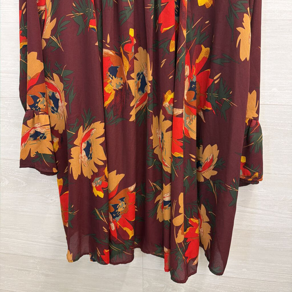 Umgee Burgundy Floral Long Sleeve Dress Large