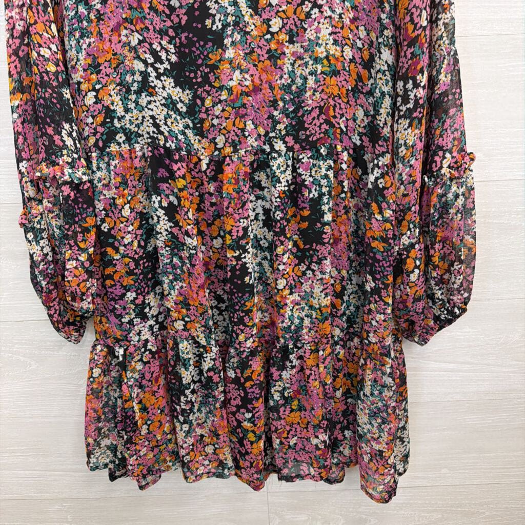Pink/Orange/Black Floral Long Sleeve Dress Medium