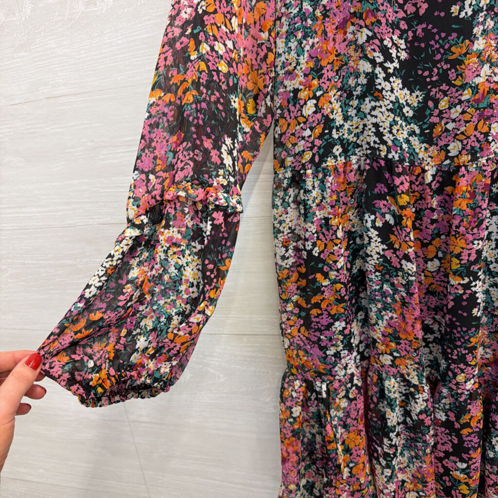 Pink/Orange/Black Floral Long Sleeve Dress Medium