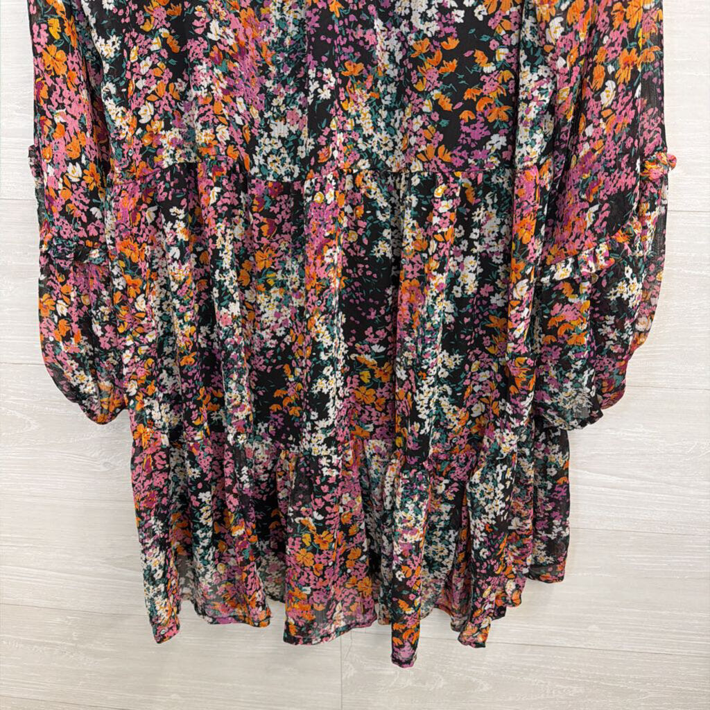 Pink/Orange/Black Floral Long Sleeve Dress Medium