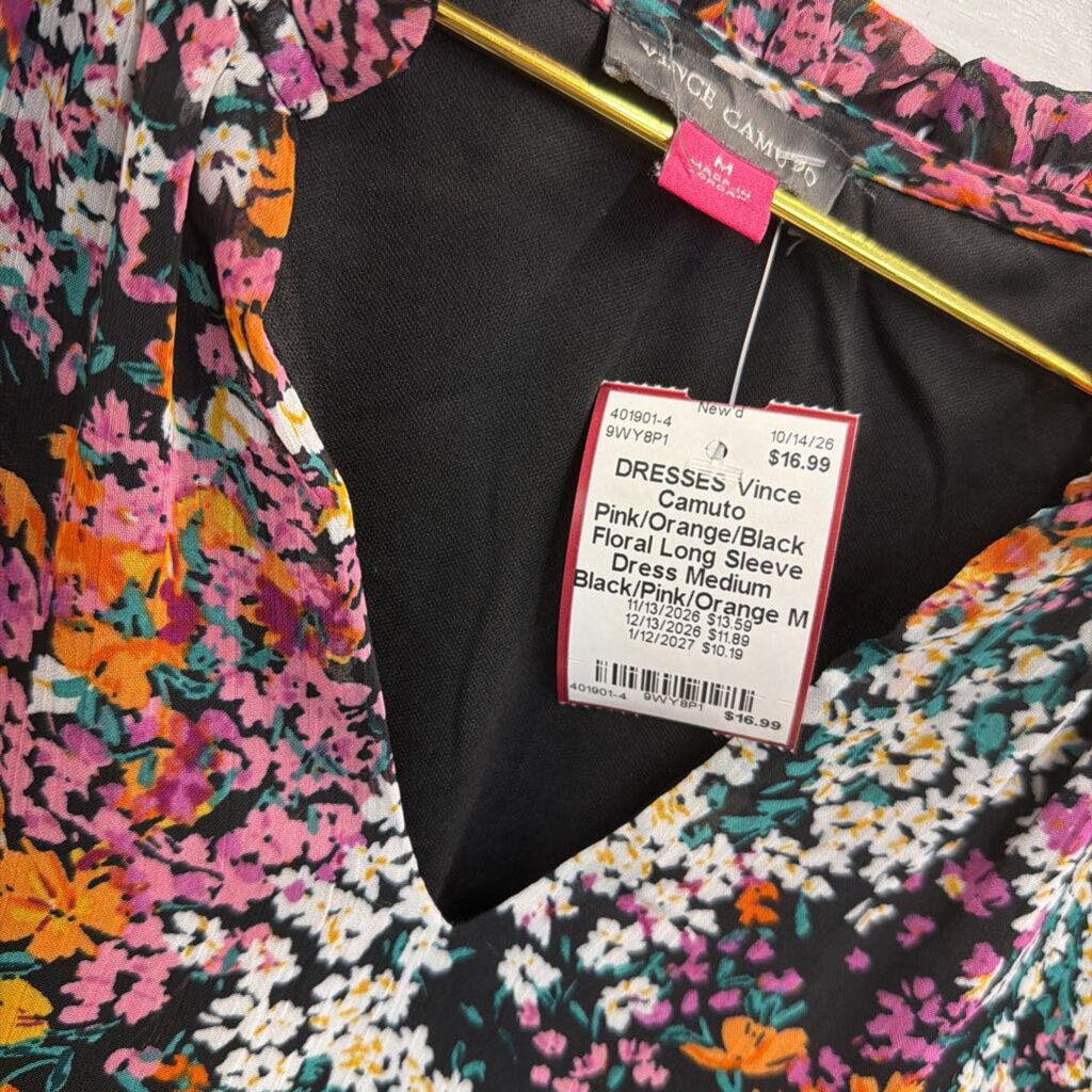 Pink/Orange/Black Floral Long Sleeve Dress Medium