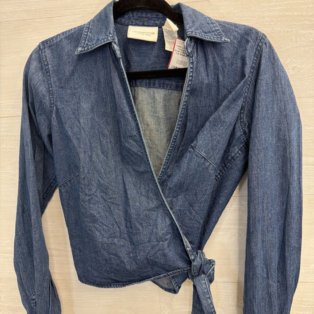 Vintage Denim Wrap Collared Crop Top Small