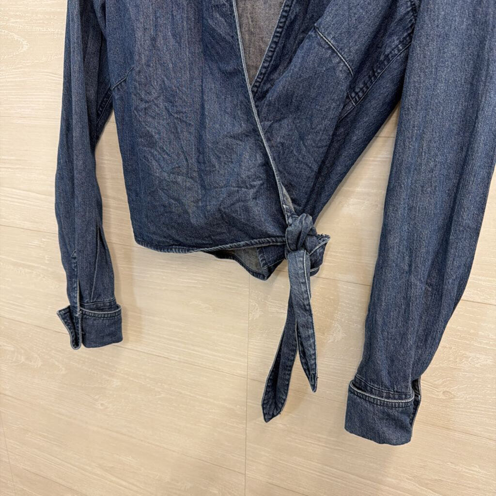 Vintage Denim Wrap Collared Crop Top Small