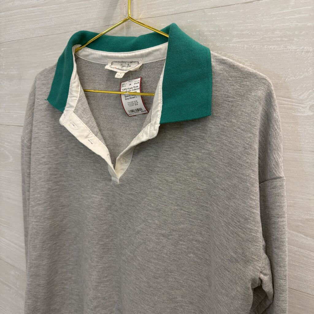 Grey/Green Collared Cropped Long Sleeve Large