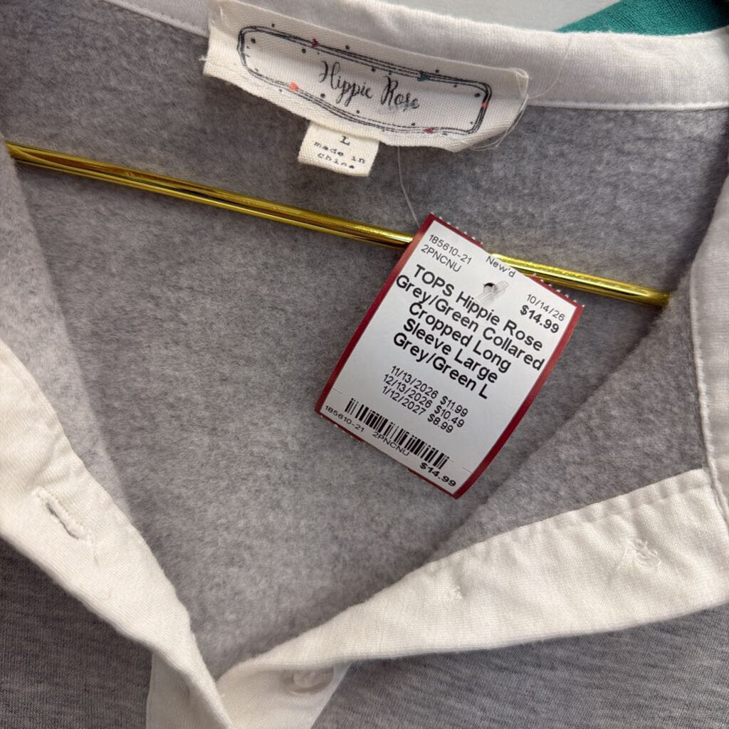 Grey/Green Collared Cropped Long Sleeve Large