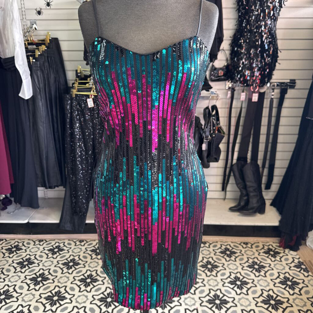 Vintage Black/Pink/Turquoise Sequined Fitted Dress 5/6