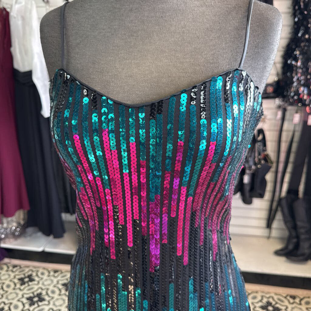 Vintage Black/Pink/Turquoise Sequined Fitted Dress 5/6